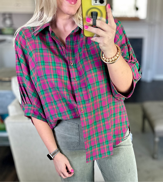 Magenta Plaid Button Down Top