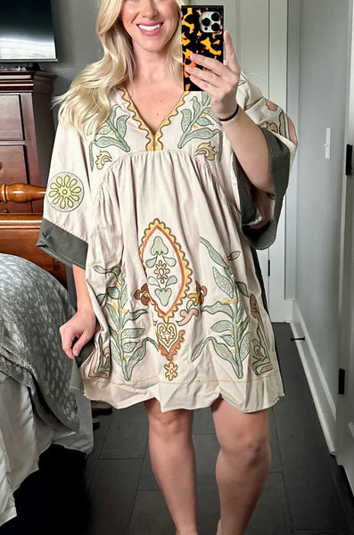 Beige/Olive Embroidered Babydoll Dress