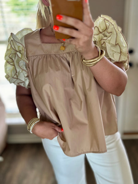 Ruffled Sleeve Top- Mocha