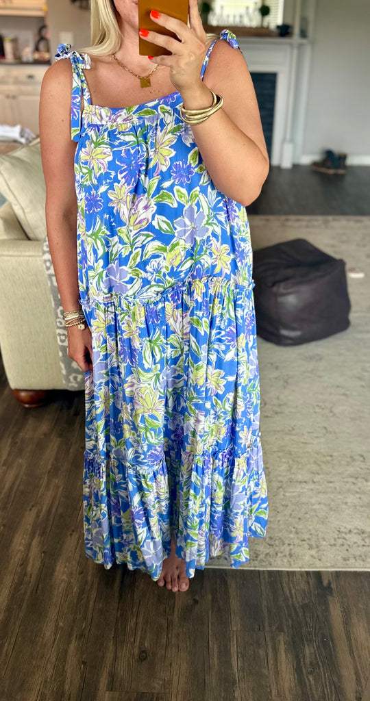 Periwinkle Floral Shoulder Tie Maxi Dress