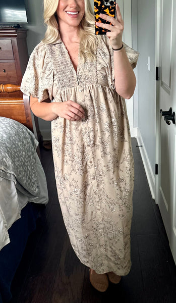 Floral Toile Midi Dress - Taupe