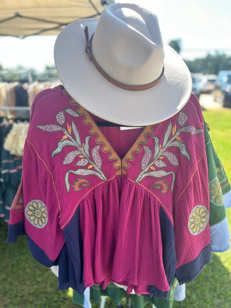 Magenta Embroidered Babydoll Top