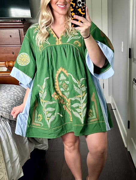 Green Embroidered Babydoll Dress