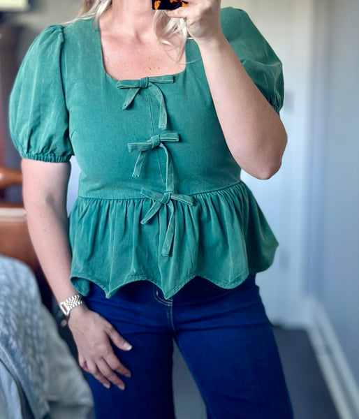 Washed Sage Tie Peplum Top