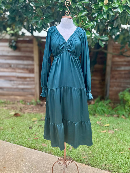 Satin Midi Dress - Forest Green