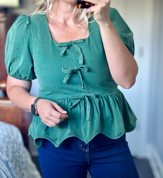 Washed Sage Tie Peplum Top