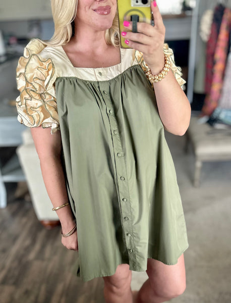 Olive Ruffle Sleeve Dress