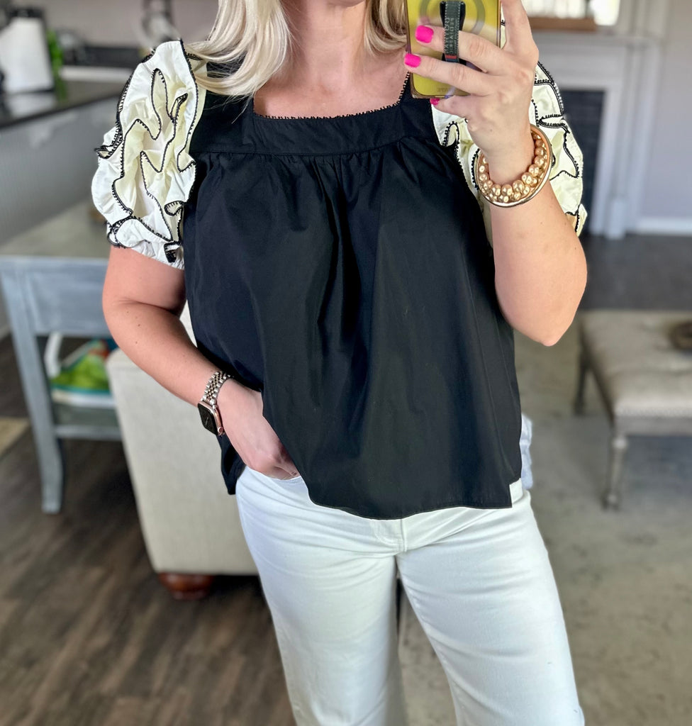 Ruffled Sleeve Top- Black