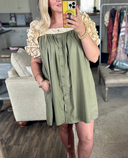 Olive Ruffle Sleeve Dress