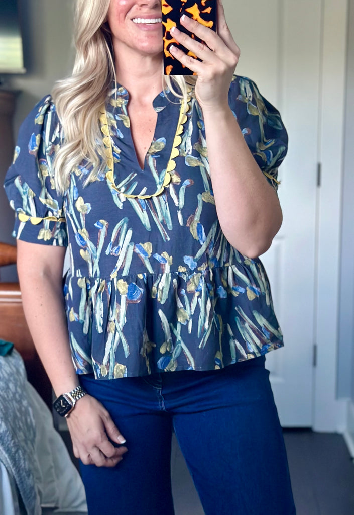 Navy Floral Peplum Top