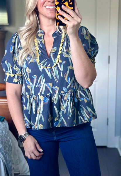 Navy Floral Peplum Top