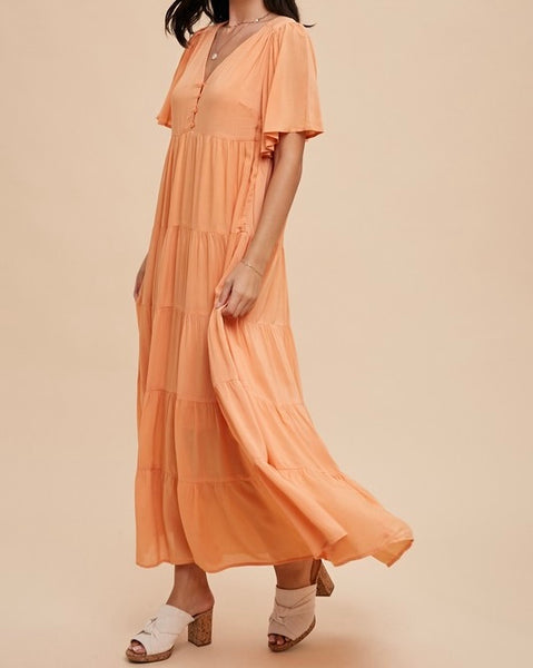 Flowy Tiered Maxi Dress- Peach