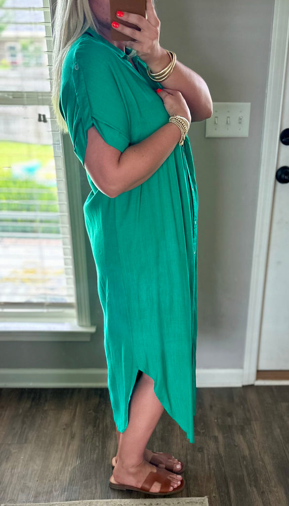 Linen Midi Dress- Kelly Green Frock Therapy Boutique Linen Midi Dress- Kelly Green Frock Therapy Boutique