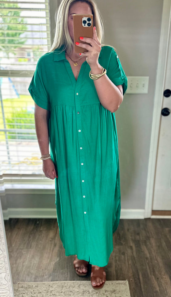 Linen Midi Dress- Kelly Green Frock Therapy Boutique Linen Midi Dress- Kelly Green Frock Therapy Boutique